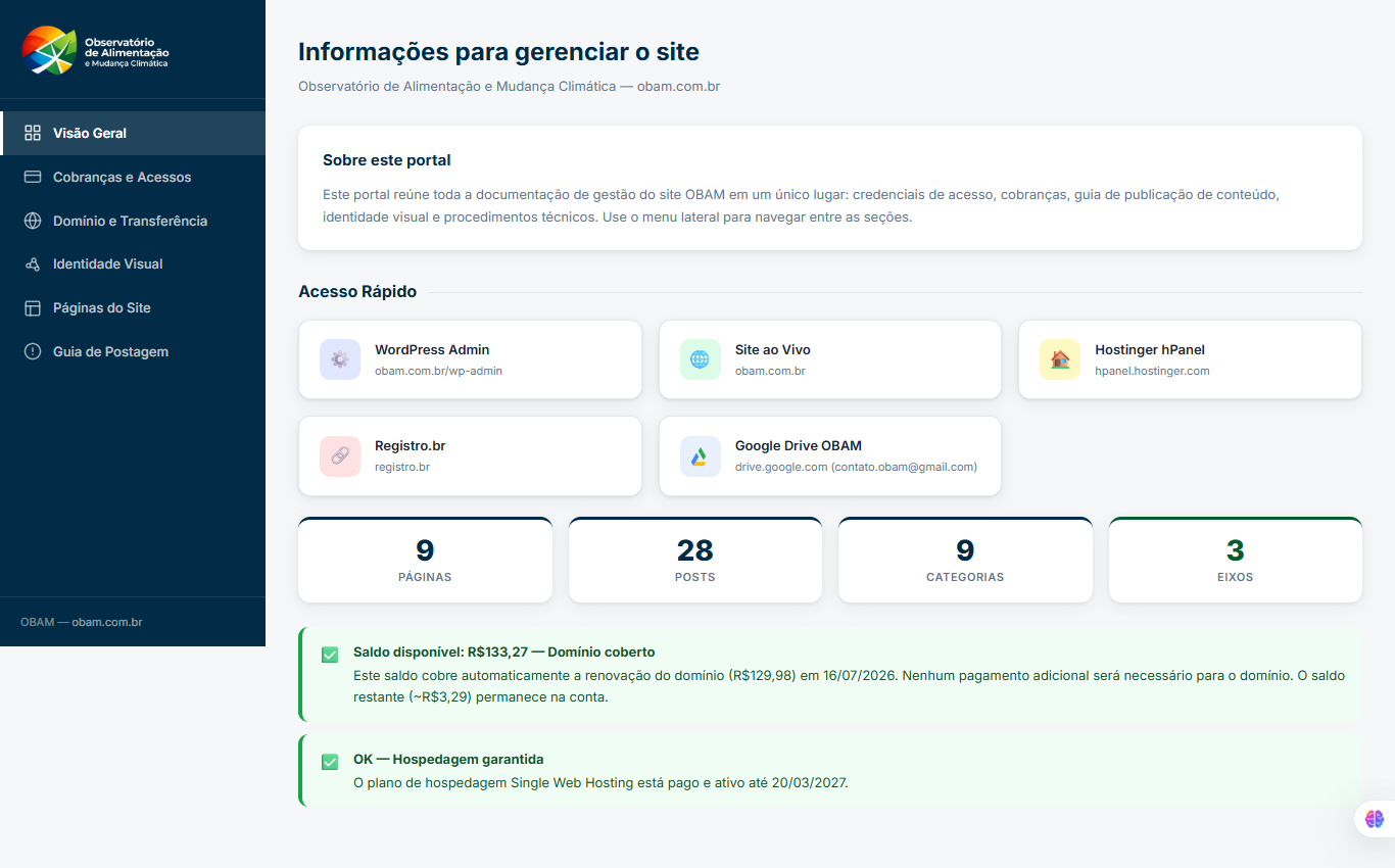 Portal: Visão Geral com acesso rápido e status de serviços